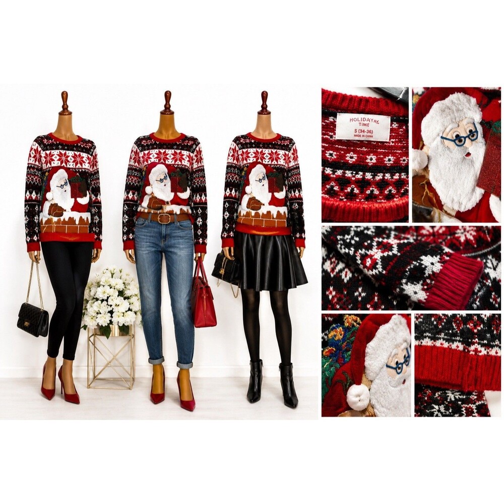 Holiday Time Ugly Unisex Christmas Santa Sweater Pocket House Red/Green Sz S